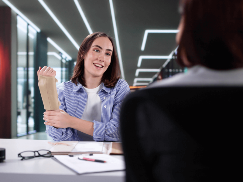 A young woman, smiling, occupies a modern office space, speaking with visible enthusiasm while showcasing a bandaged arm. Another person, out of view, listens from across the table.