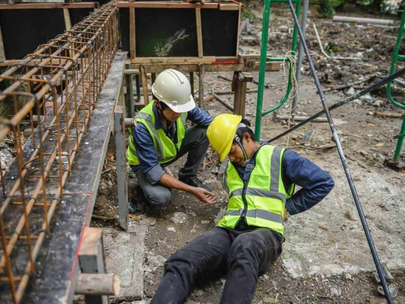 Two construction workers in reflective vests and hard hats are at a construction site. One is kneeling, the other is sitting on the ground, possibly injured, amid scaffolding and building materials.