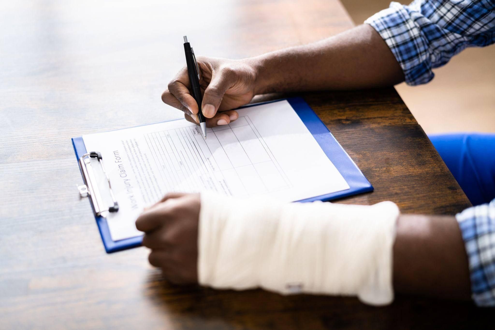 a person with a cast on their arm writing on a piece of paper