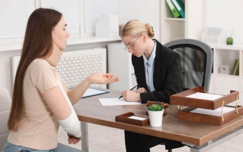 a woman sitting at a desk talking to another woman