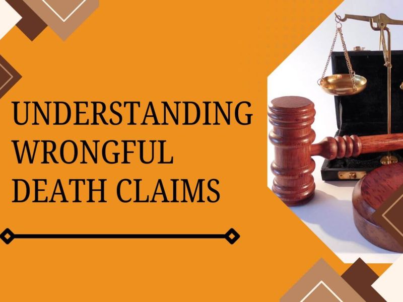 A wooden gavel and scales of justice are prominently displayed on an orange background, illustrating the concept of legal matters, specifically focusing on understanding wrongful death claims.