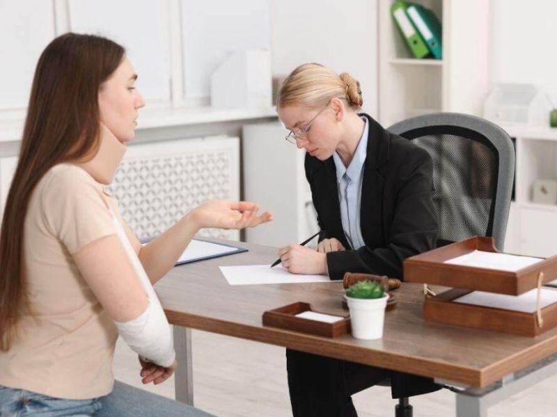 a woman sitting at a desk talking to another woman