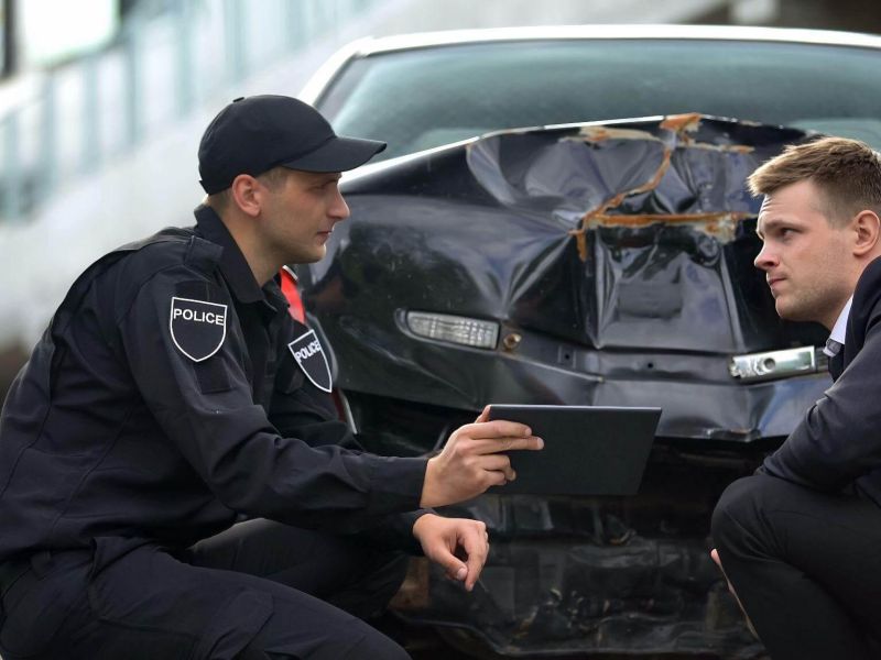 a couple of men sitting next to a car that was recently in an accident