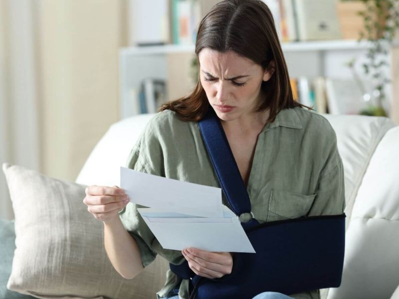 A woman with a sling on her arm sits on a couch, examining letters with a concerned expression. She is in a bright, domestic environment with books visible in the background.
