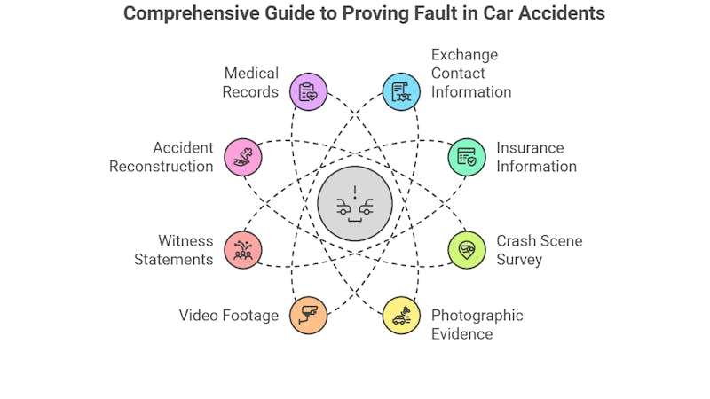 A central gray circle labeled with an exclamation mark connects to eight colored circles around it. Each circle represents a component relevant to proving fault in car accidents, such as medical records and witness statements.