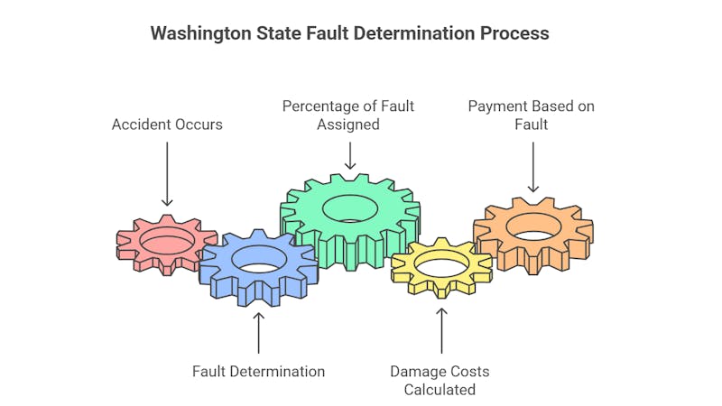 Colorful gears illustrate the Washington State Fault Determination Process. Actions include assigning fault percentage, determining fault, calculating damage costs, and determining payment based on fault after an accident.