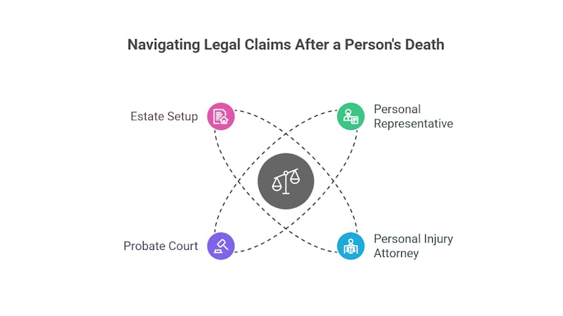 A balanced scale symbolizes legal claims, with interconnected categories: Estate Setup, Probate Court, Personal Representative, and Personal Injury Attorney, all relating to managing affairs after a death.