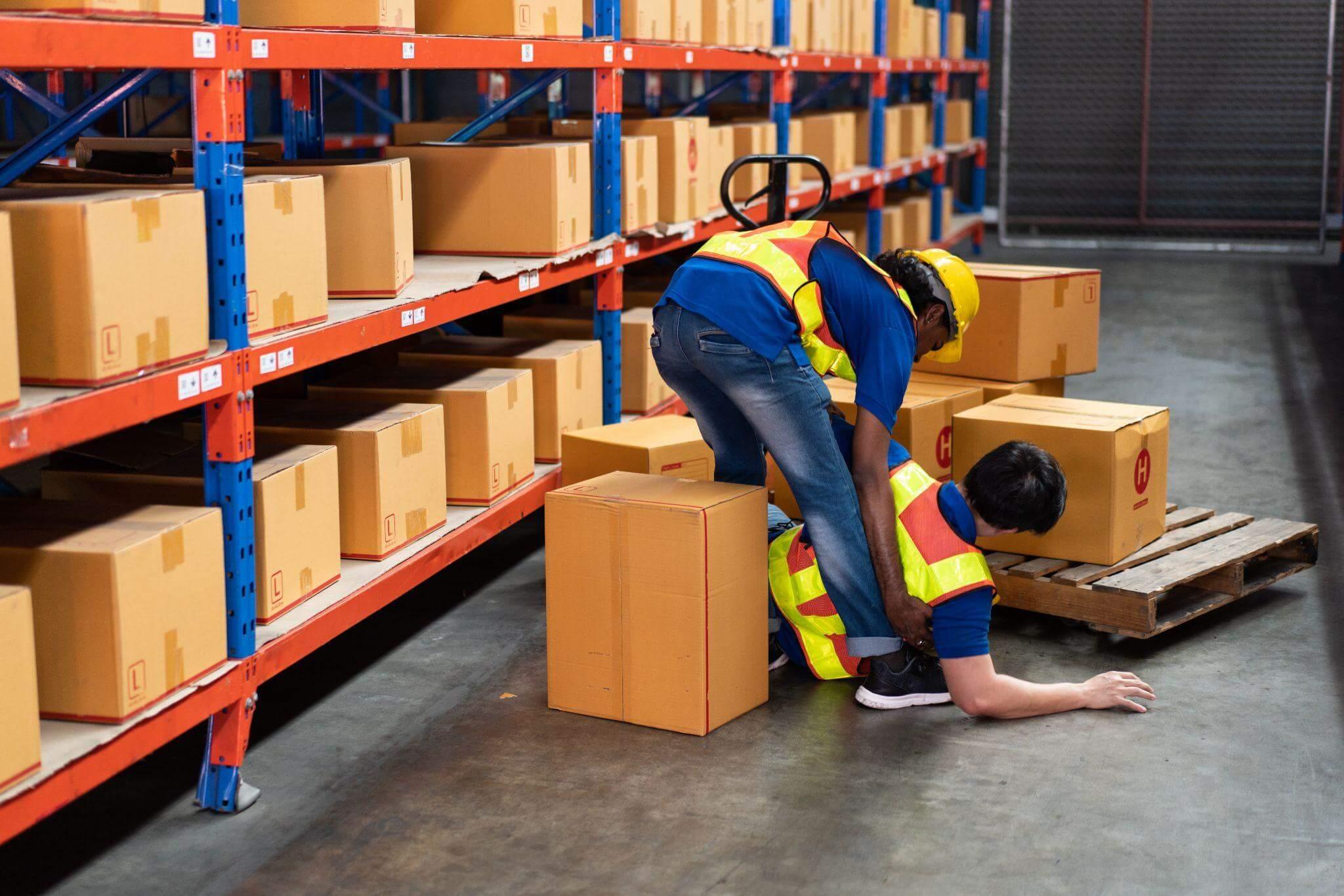 a man in a blue shirt and yellow safety vest working on boxes in a warehouse